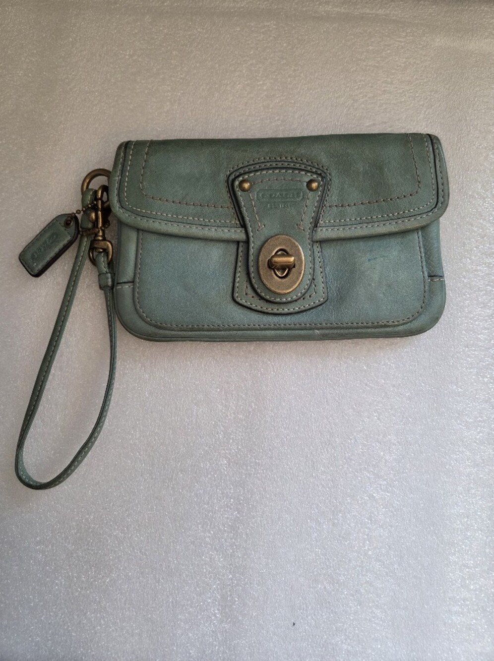 Coach Teal Leather Wristlet with Brass Turn-Lock